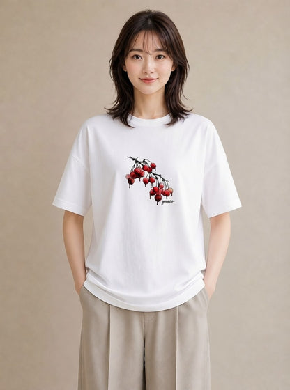 半袖Tシャツ レディース さくらんぼ チェリー 食べ物 フード イラスト 抜け感 友達ギフト 部屋着 白T YMAZO
