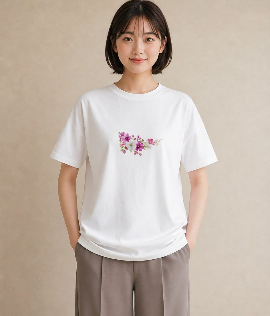 半袖Tシャツ レディース コスモス 秋桜 花 花柄 イラスト ミニマル 誕生日プレゼント 綿100 白T YMAZO