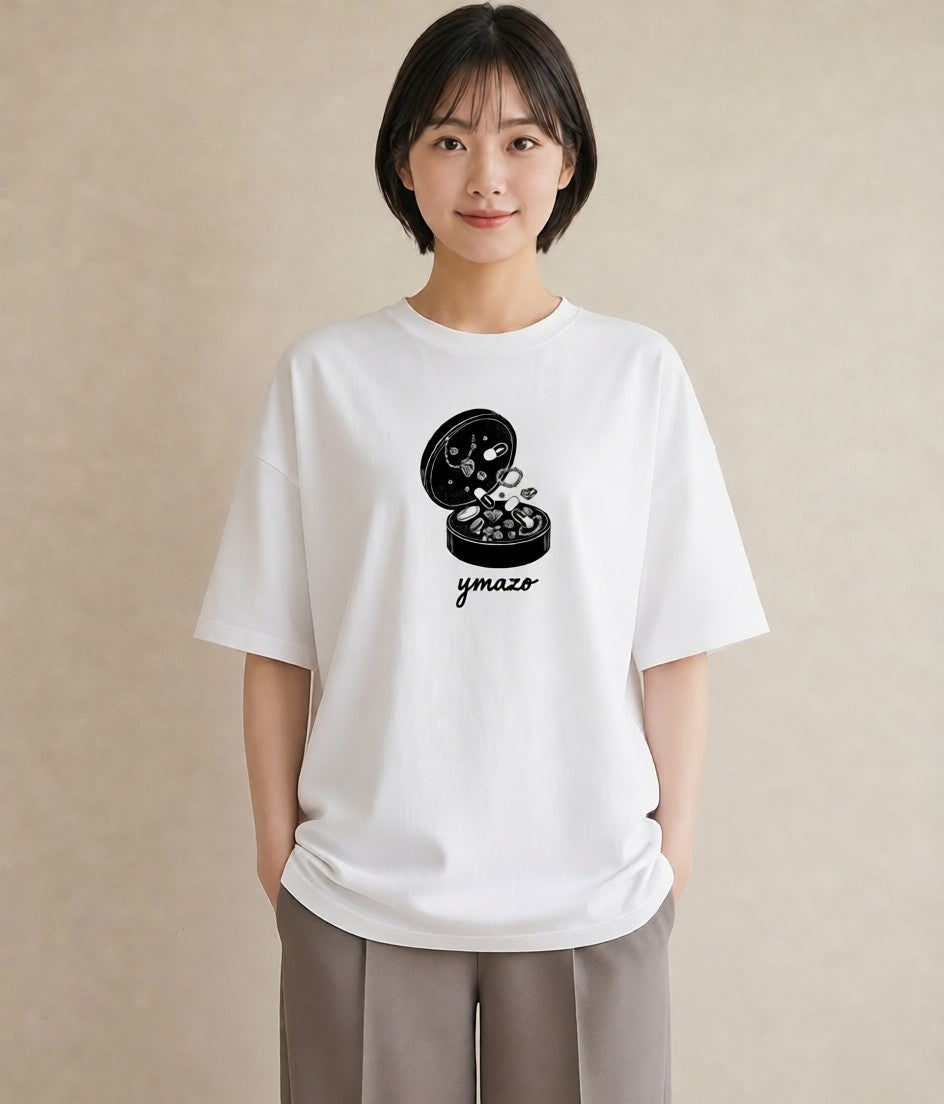 プリントTシャツ レディース パールピアス アクセサリー ナチュラル アンティーク イラスト ゆるかわ ママ カフェ服 白T YMAZO