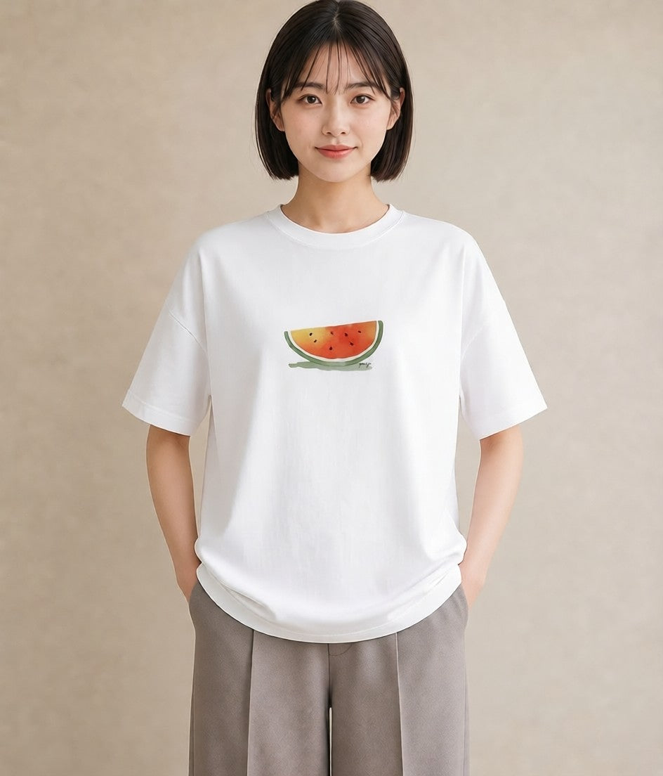 Tシャツ レディース すいか 食べ物 フード イラスト カジュアル 旅行 母娘コーデ 白T YMAZO