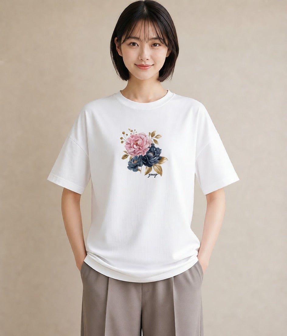 Tシャツ レディース 牡丹 花 花柄 イラスト お洒落 週末コーデ 敬老の日 白T YMAZO