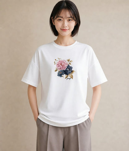 Tシャツ レディース 牡丹 花 花柄 イラスト お洒落 週末コーデ 敬老の日 白T YMAZO