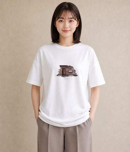 プリントTシャツ レディース 窓辺の雨 雨の日 窓 ナチュラル アンティーク イラスト こなれ感 ビーチ デイリーウェア 白T YMAZO