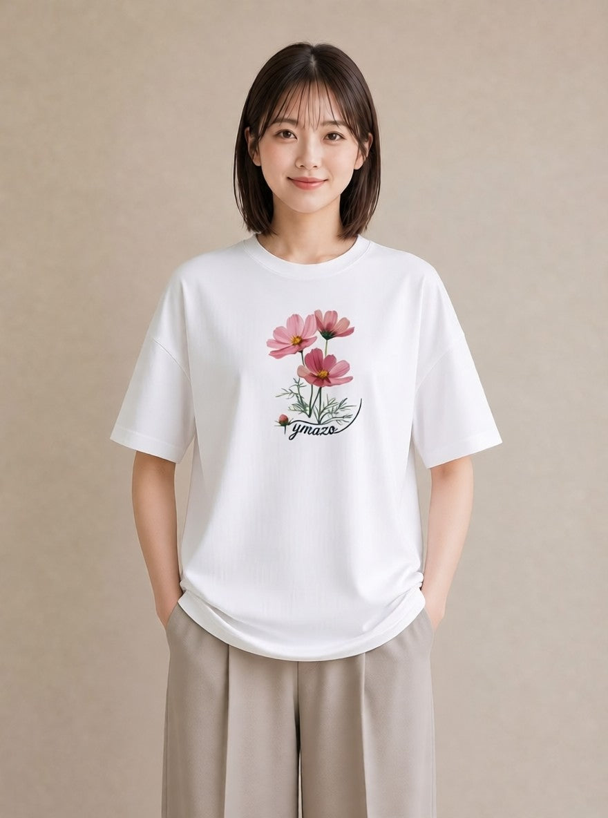 Tシャツ レディース コスモス 秋桜 花 花柄 イラスト 旅行コーデ 秋コーデ おしゃれギフト 白T YMAZO