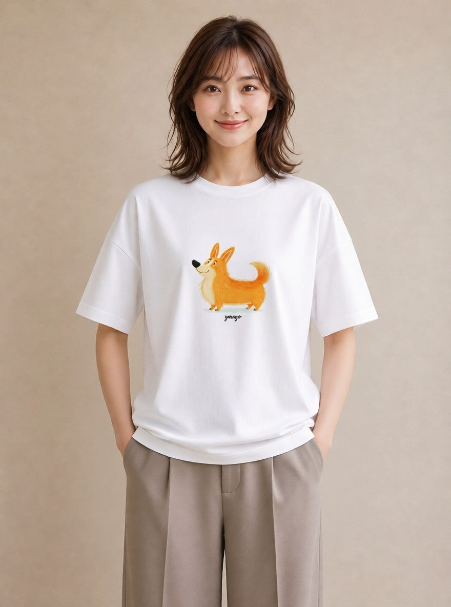 デザインTシャツ レディース ウェルシュコーギー コーギー 犬 いぬ イラスト 休日コーデ 普段着 週末コーデ 白T YMAZO
