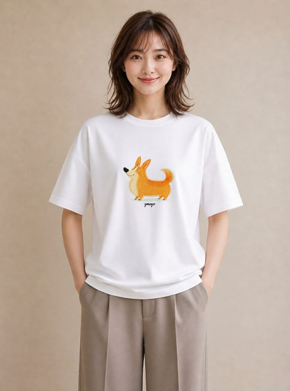 デザインTシャツ レディース ウェルシュコーギー コーギー 犬 いぬ イラスト 休日コーデ 普段着 週末コーデ 白T YMAZO