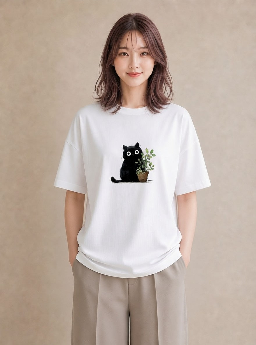 半袖Tシャツ レディース 黒猫 猫 ねこ イラスト 韓国風 普段着 週末コーデ 白T YMAZO