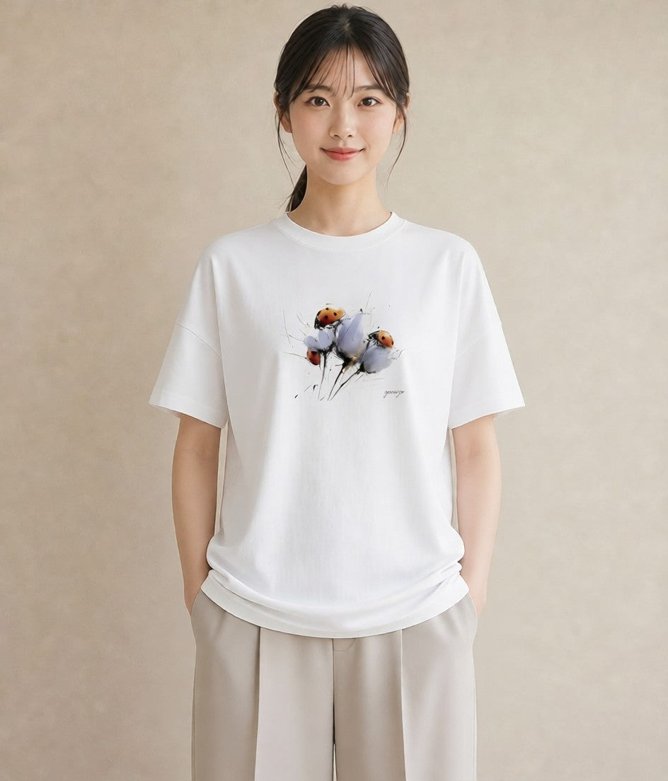 デザインTシャツ レディース てんとう虫 昆虫 虫 イラスト ニュアンス ビーチ デイリーウェア 白T YMAZO