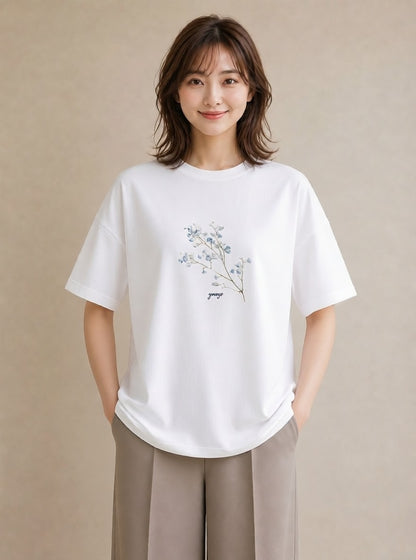デザインTシャツ レディース カスミソウ かすみ草 花 花柄 イラスト 海 カフェ巡り 白T YMAZO