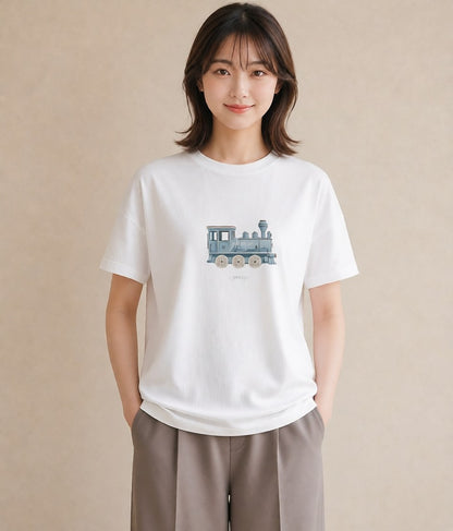 Tシャツ レディース 駅のホーム ローカル線 駅 ナチュラル アンティーク イラスト ユニーク 姉妹 送別ギフト 白T YMAZO