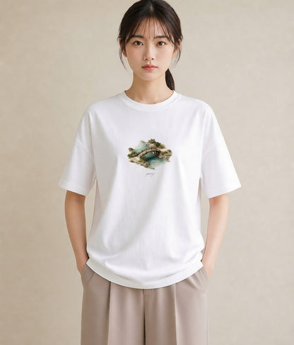 プリントTシャツ レディース 桟橋 水辺 波止場 ナチュラル アンティーク イラスト 韓国風 在宅 公園 白T YMAZO