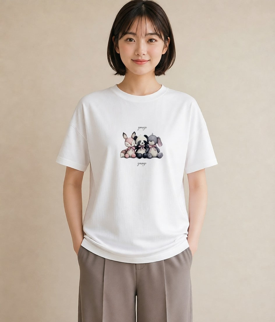 半袖Tシャツ レディース パンダ 動物 アニマル イラスト 水彩風 通勤 在宅 白T YMAZO