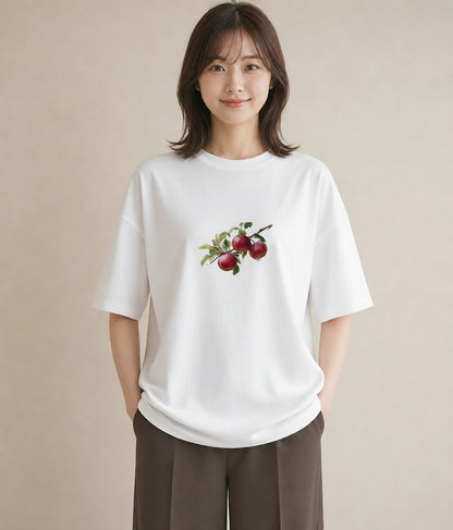 プリントTシャツ レディース りんご 林檎 アップル 食べ物 フード イラスト こなれ感 カフェ巡り 女子会 白T YMAZO
