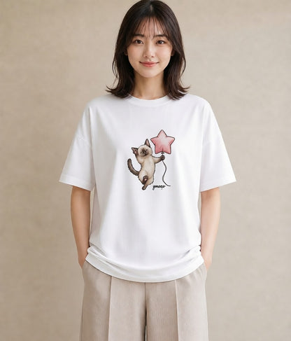 Tシャツ レディース シャム柄 猫 ねこ イラスト ナチュラル 母の日 ビーチ 白T YMAZO
