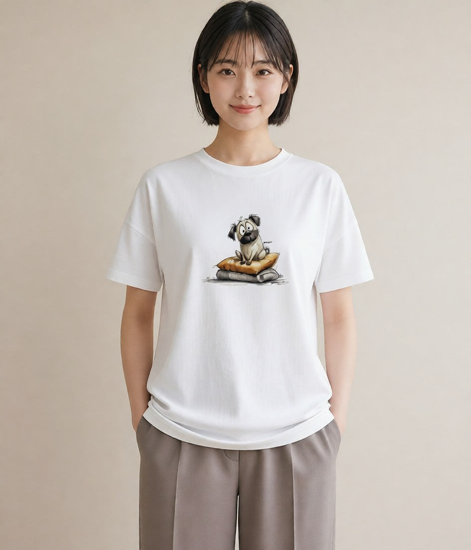 グラフィックTシャツ レディース パグ 犬 いぬ イラスト カフェコーデ カジュアルコーデ 買い物 白T YMAZO
