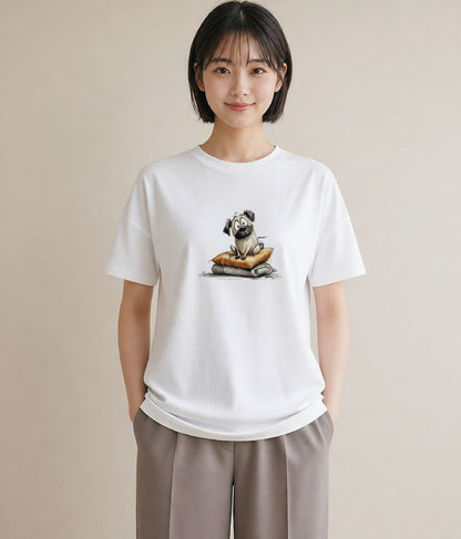 グラフィックTシャツ レディース パグ 犬 いぬ イラスト カフェコーデ カジュアルコーデ 買い物 白T YMAZO