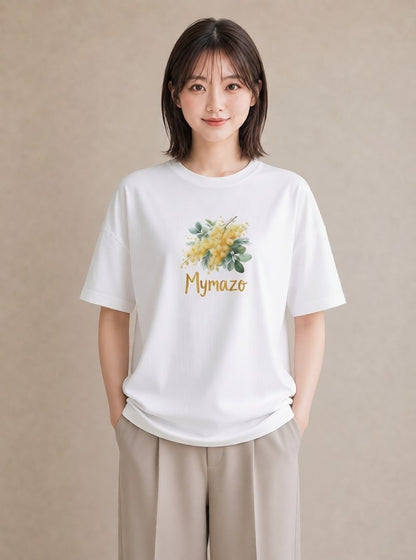 半袖Tシャツ レディース ミモザ 花 花柄 イラスト きれいめ 送別ギフト 通勤 白T YMAZO