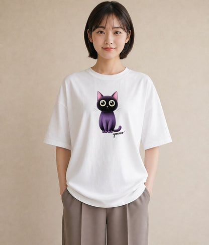 半袖Tシャツ レディース 黒猫 猫 ねこ イラスト 旅行コーデ ホワイトデー 春服 白T YMAZO