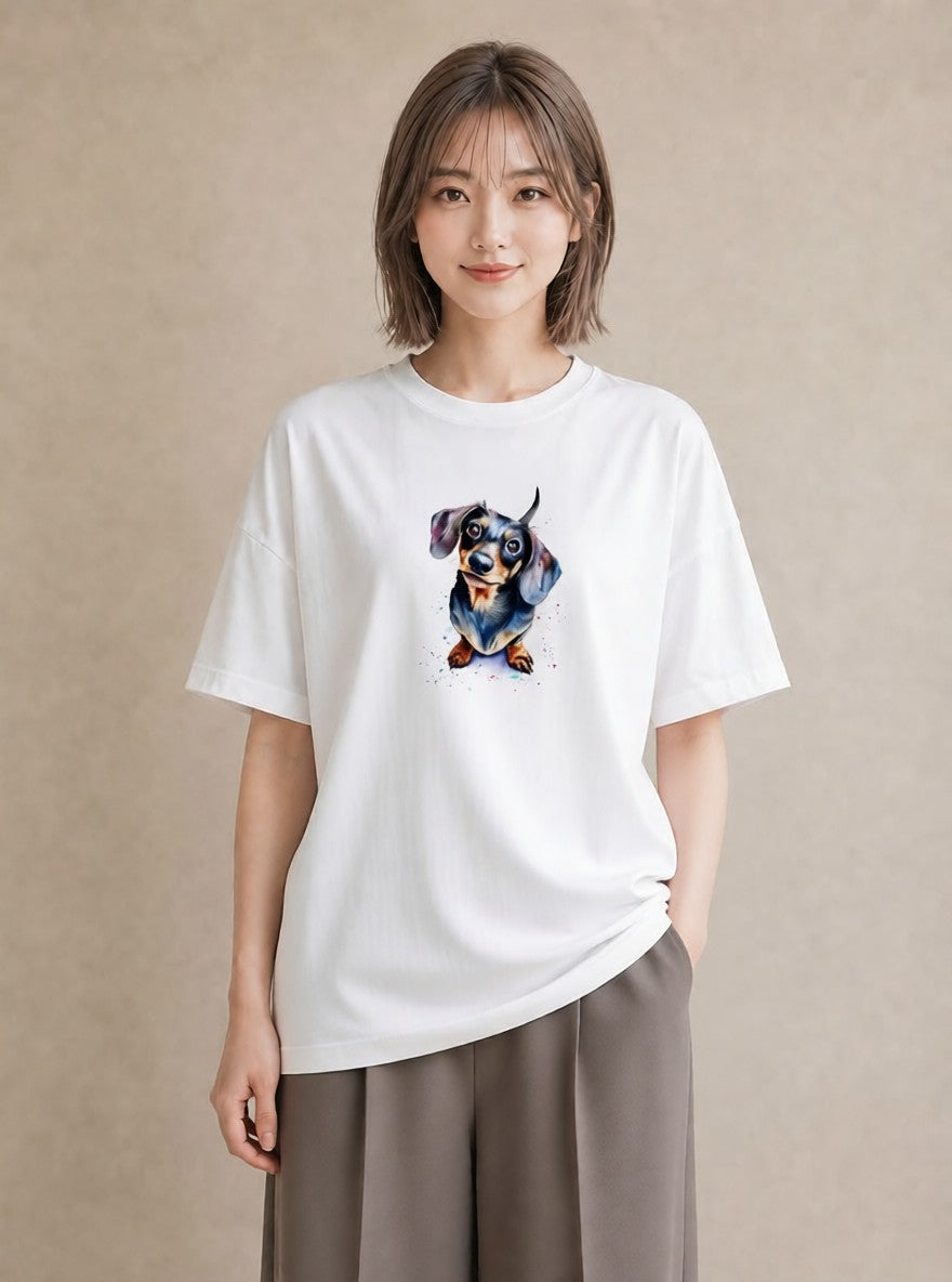 グラフィックTシャツ レディース ミニチュアダックスフンド 犬 いぬ イラスト ラフカジュアル レイヤード 友達ギフト 白T YMAZO