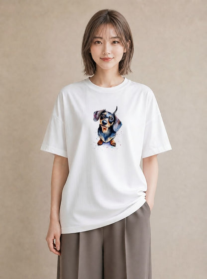 グラフィックTシャツ レディース ミニチュアダックスフンド 犬 いぬ イラスト ラフカジュアル レイヤード 友達ギフト 白T YMAZO