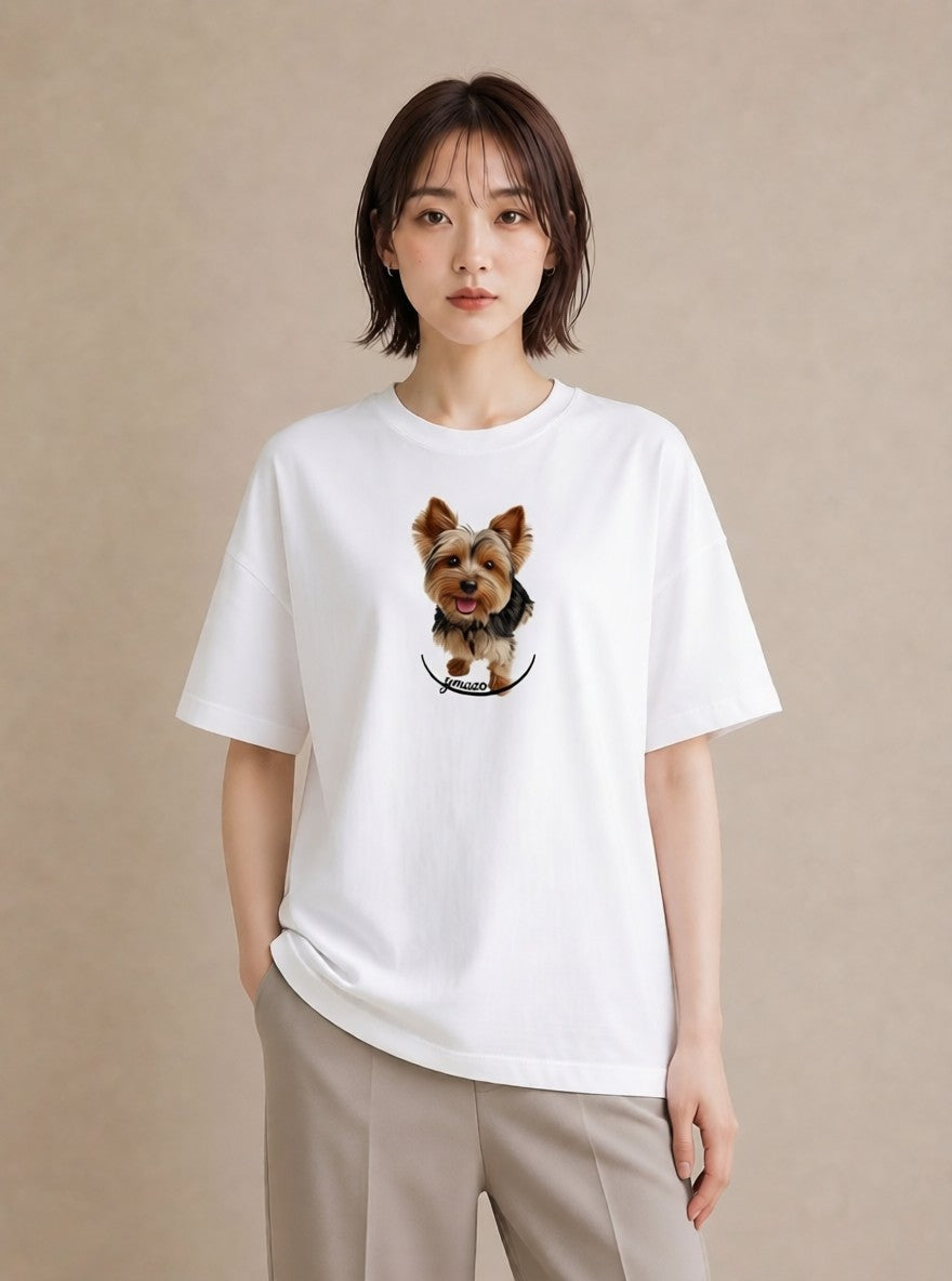 プリントTシャツ レディース ヨークシャーテリア 犬 いぬ イラスト ニュアンス 海 カフェ巡り 白T YMAZO
