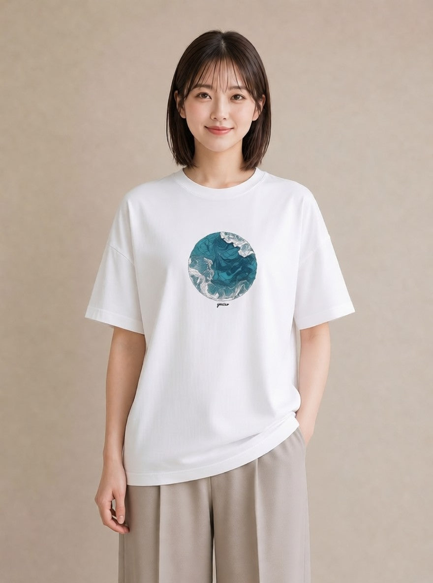 デザインTシャツ レディース 波 星空 宇宙 イラスト きれいめカジュアル 女性 旅行用 白T YMAZO