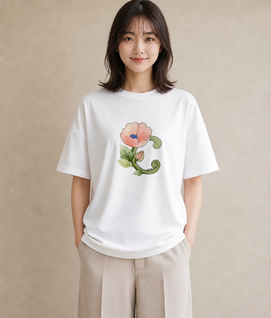グラフィックTシャツ レディース 椿 花 花柄 イラスト 上品 デート 帰省 白T