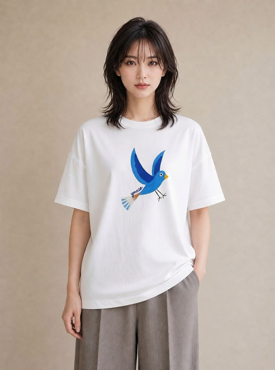 グラフィックTシャツ レディース 遠い家と鳥 風景 鳥 ナチュラル アンティーク イラスト 線画 おしゃれギフト 社会人 白T YMAZO