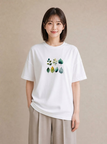 デザインTシャツ レディース 葉っぱ 植物 ボタニカル イラスト 線画 親子 20代 白T YMAZO