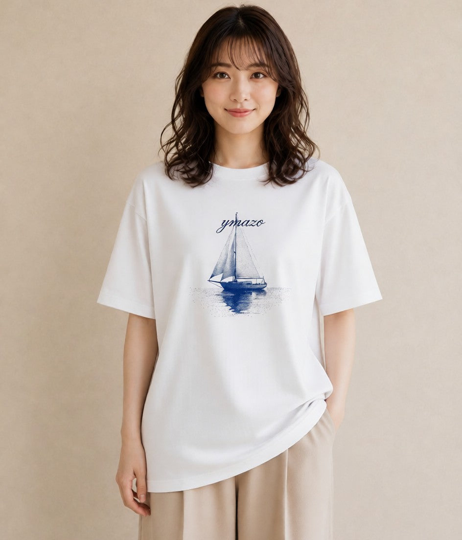 プリントTシャツ レディース 紙の船 水辺 ナチュラル アンティーク イラスト レトロ ギフト 母の日 白T YMAZO