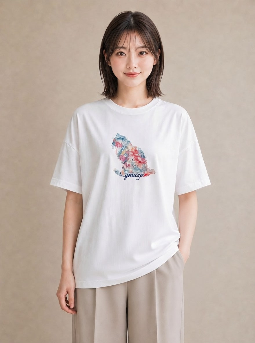 半袖Tシャツ レディース 愛猫 猫 ねこ イラスト お洒落 通勤 在宅 白T YMAZO