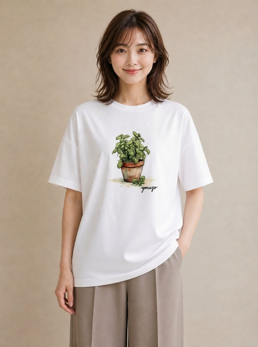 Tシャツ レディース ハーブ 植物 ボタニカル イラスト きれいめ 母の日 ビーチ 白T YMAZO