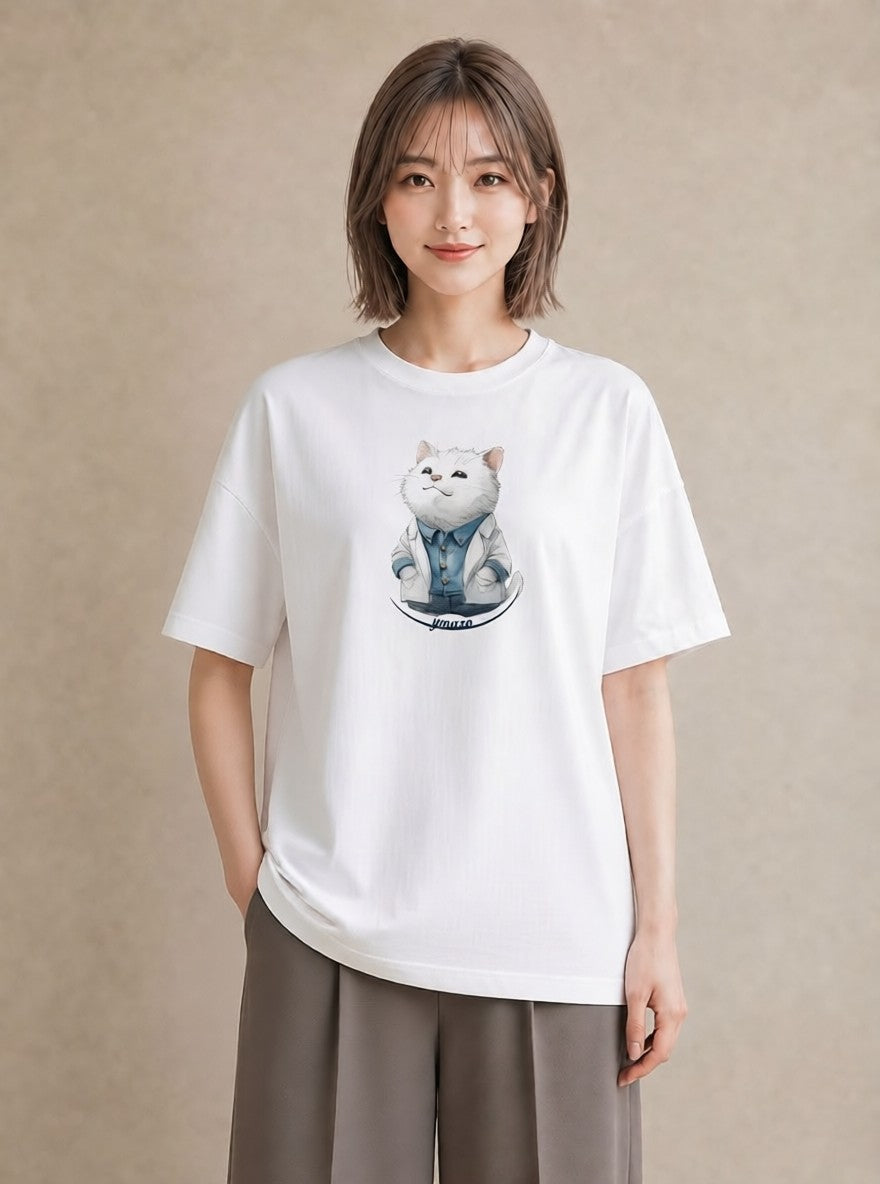 半袖Tシャツ レディース 猫 ねこ イラスト カジュアル 散歩 お出かけ 白T YMAZO
