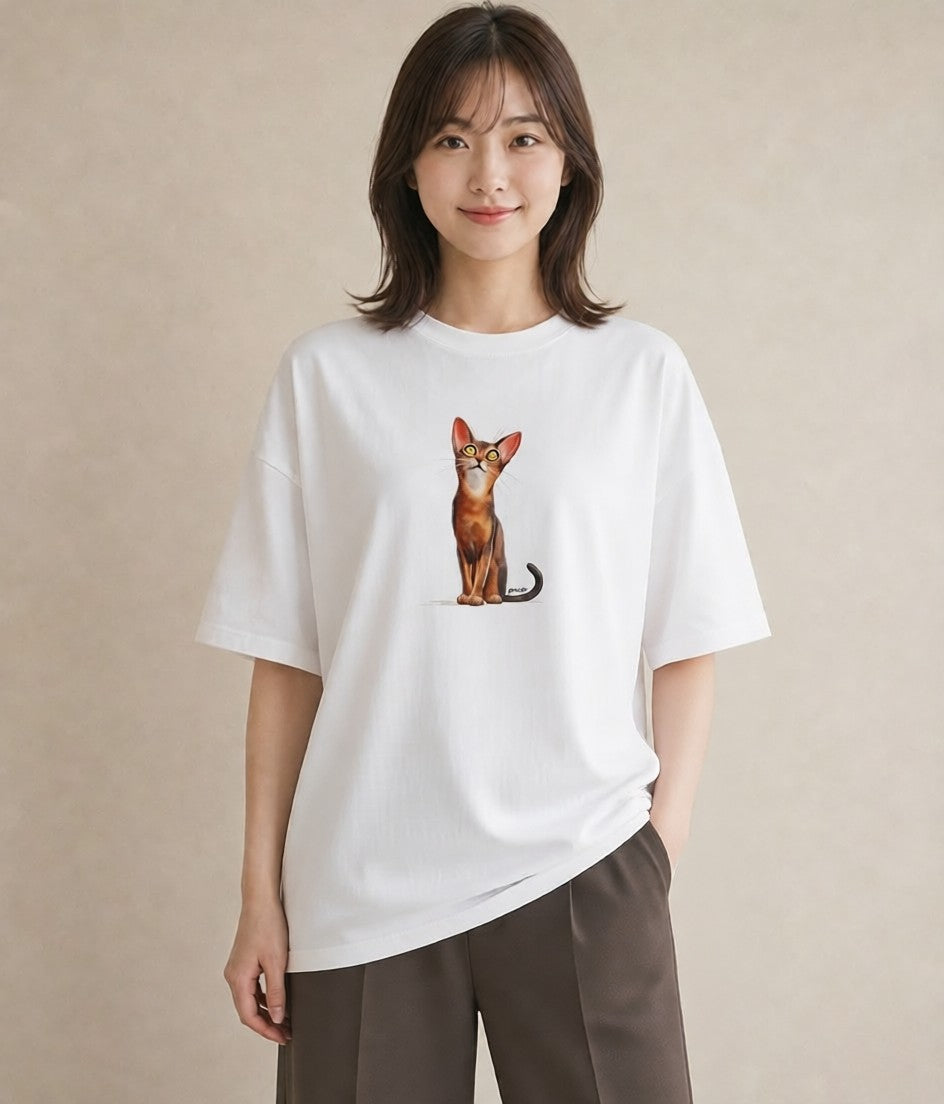デザインTシャツ レディース 茶トラ 茶猫 猫 ねこ イラスト ラフ 通学 誕生日プレゼント 白T YMAZO