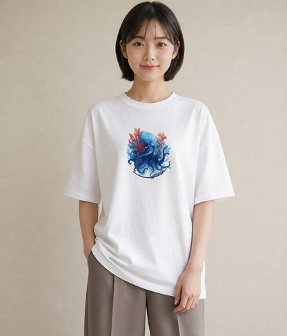 グラフィックTシャツ レディース タコ 海の生き物 海 イラスト 女性向けギフト 散歩 白T YMAZO