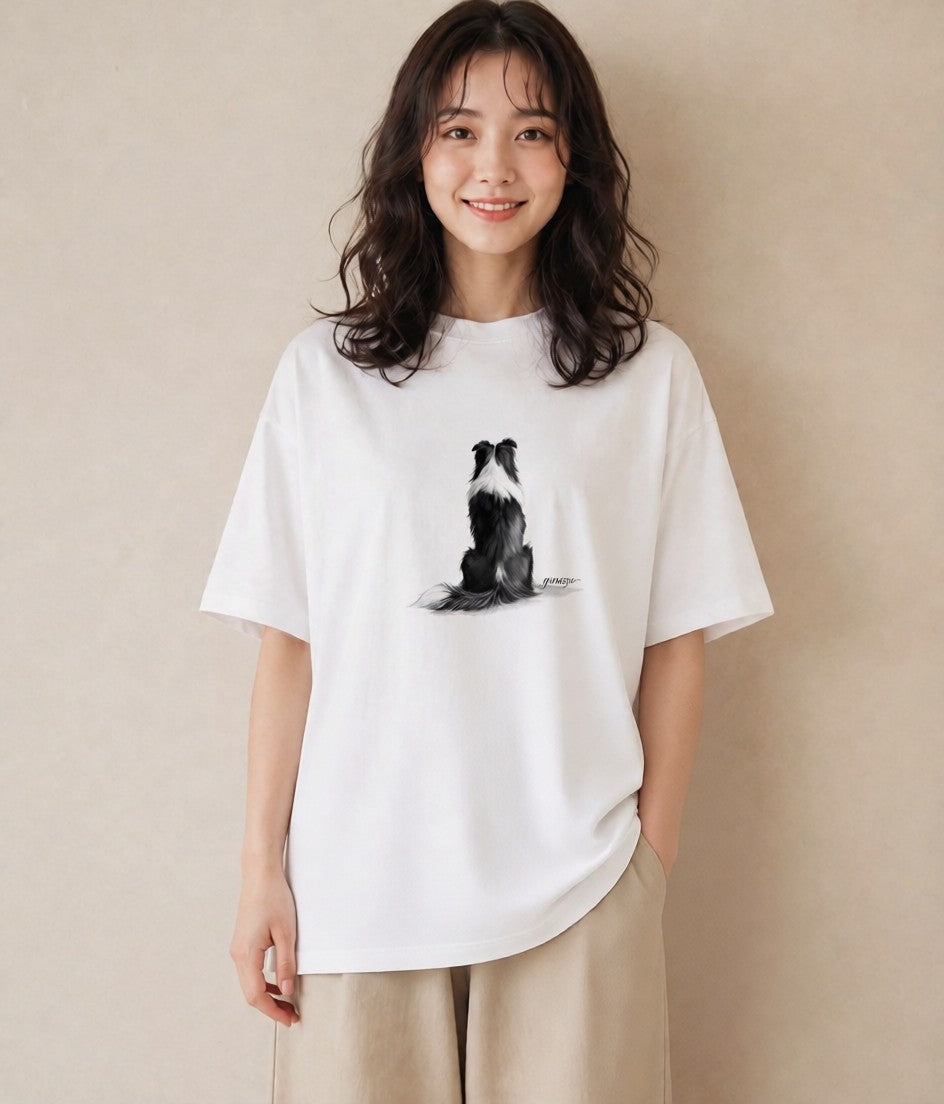 プリントTシャツ レディース ボーダーコリー 犬 いぬ イラスト 普段使い ペアコーデ 秋コーデ 白T YMAZO