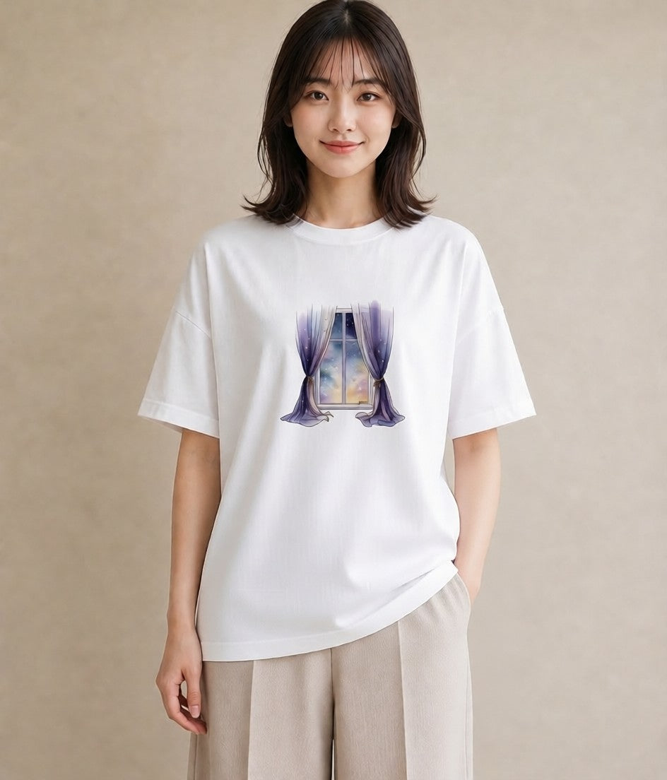 プリントTシャツ レディース 窓辺の雨 雨の日 窓 ナチュラル アンティーク イラスト カジュアル おしゃれギフト 社会人 白T YMAZO