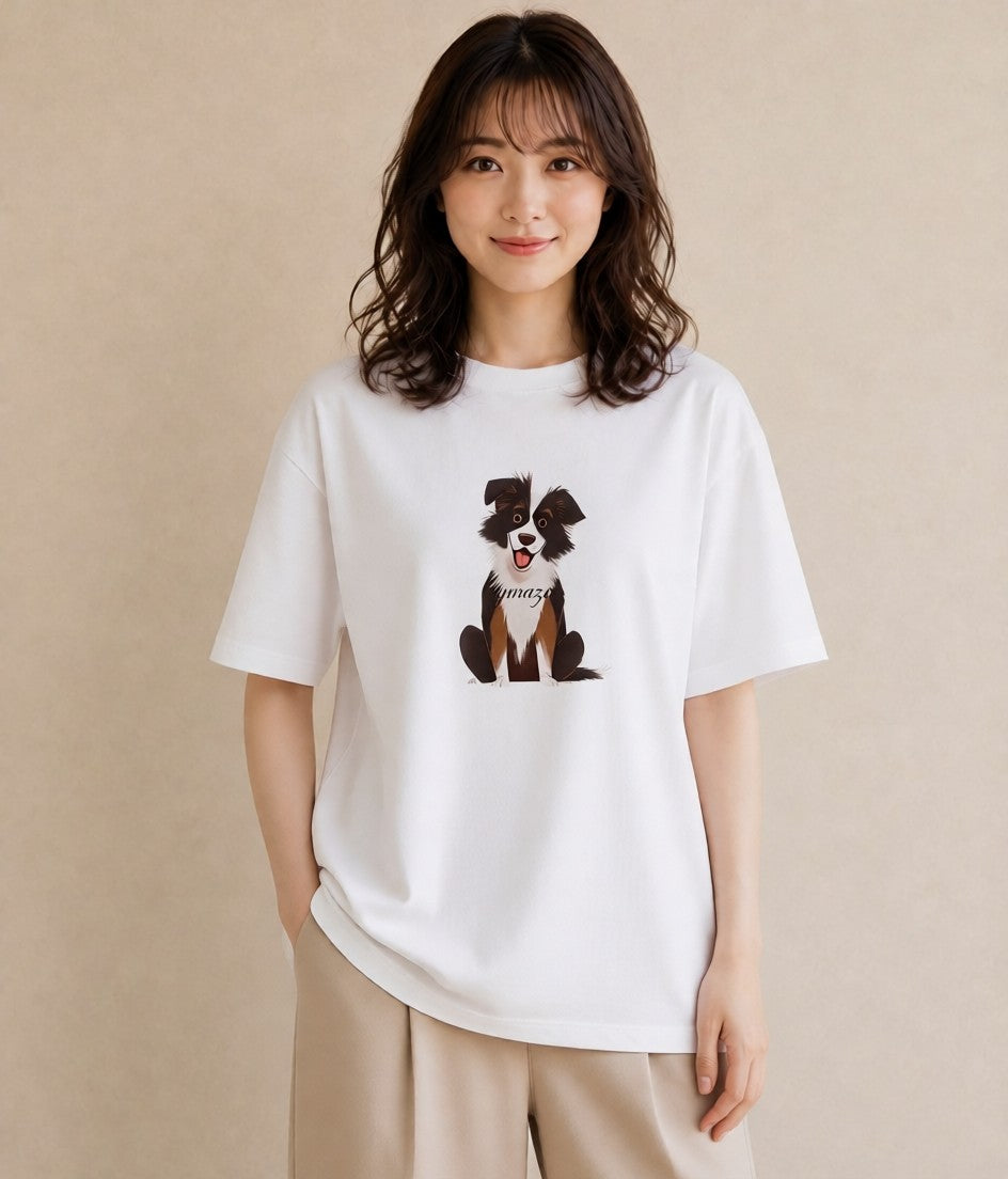 プリントTシャツ レディース ボーダーコリー 犬 いぬ イラスト ヴィンテージ風 送別ギフト 通勤 白T YMAZO