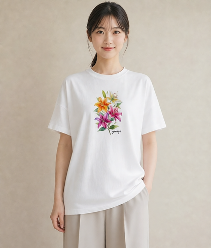 グラフィックTシャツ レディース ゆり 百合 花 花柄 イラスト カフェコーデ 旅行用 海 白T YMAZO