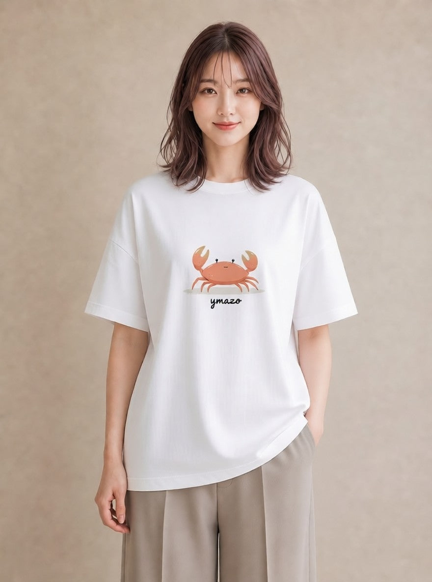 デザインTシャツ レディース カニ 海の生き物 海 イラスト ニュアンス ママ カフェ服 白T YMAZO