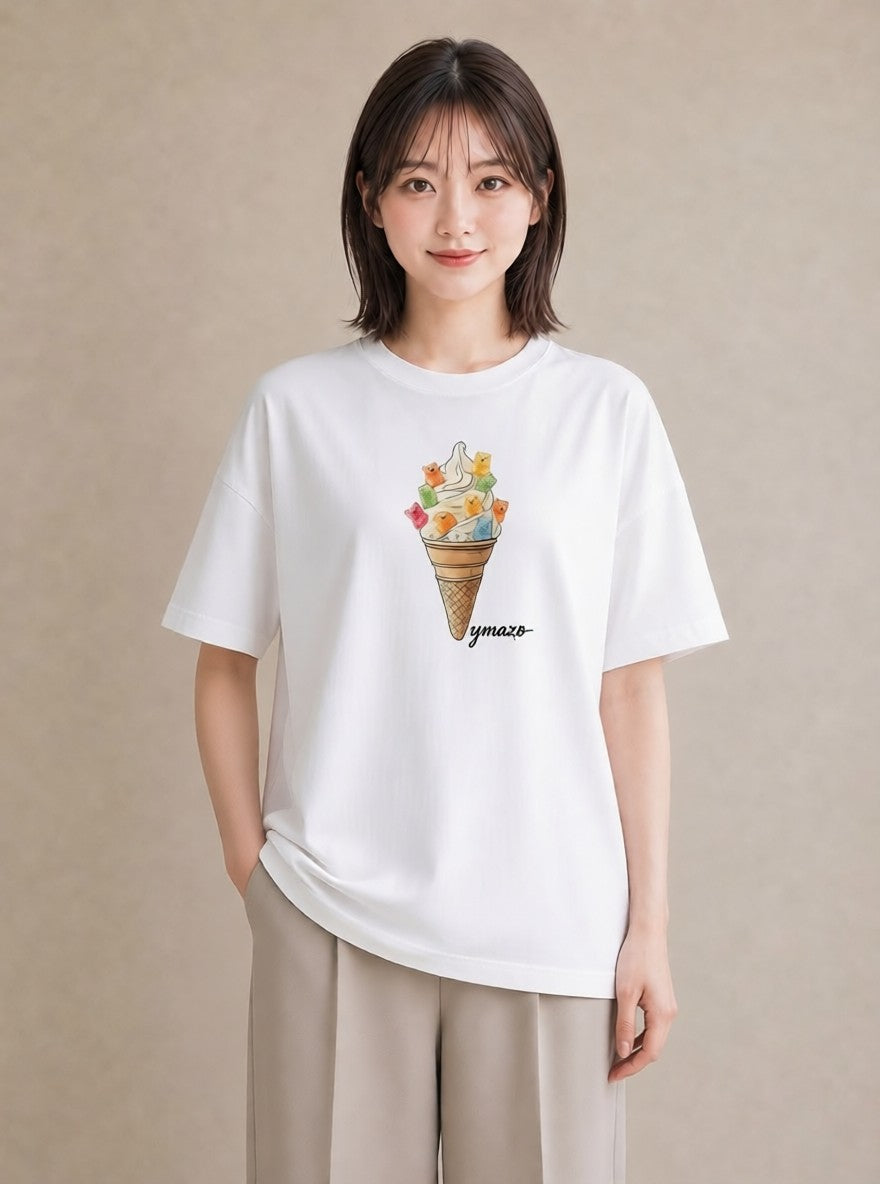 半袖Tシャツ レディース パフェ 食べ物 フード イラスト ボタニカル お出かけ 普段着 白T YMAZO