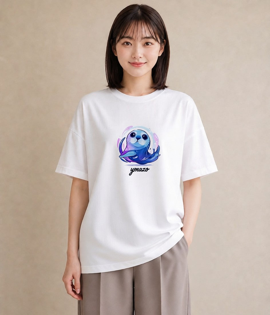 プリントTシャツ レディース ゴマフアザラシ 動物 アニマル イラスト ペアコーデ 秋コーデ 白T YMAZO