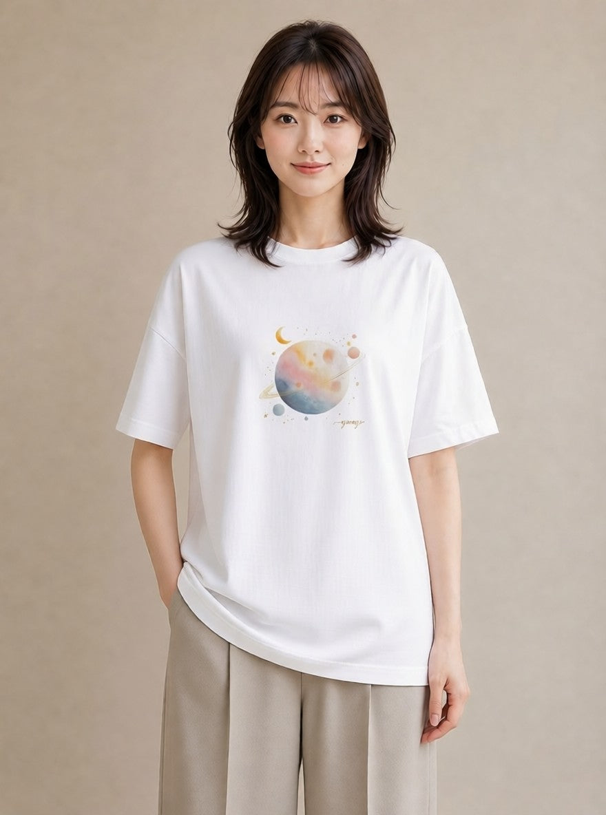 デザインTシャツ レディース 三日月 星空 宇宙 イラスト 手描き風 公園 ママ 白T YMAZO