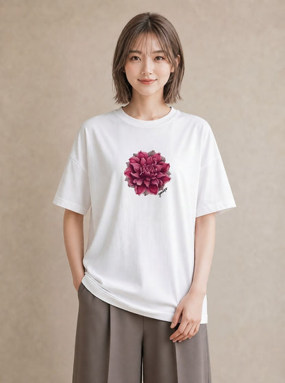 半袖Tシャツ レディース 牡丹 花 花柄 イラスト 休日コーデ 社会人 女性 白T YMAZO