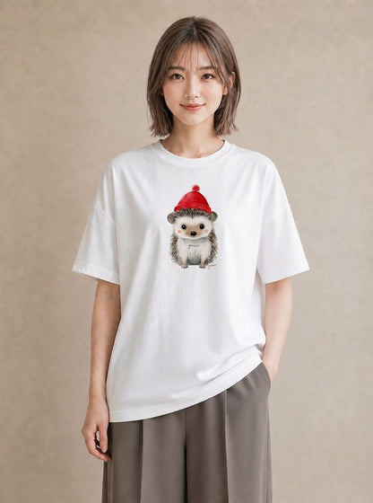 半袖Tシャツ レディース ハリネズミ ペット 動物 イラスト レトロ 公園 ママ 白T YMAZO