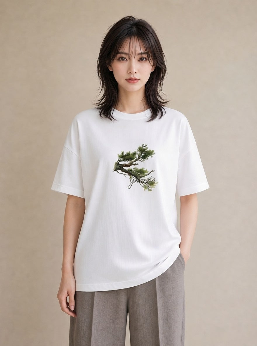 半袖Tシャツ レディース 盆栽 植物 ボタニカル イラスト 旅行コーデ ママ カフェ服 白T YMAZO