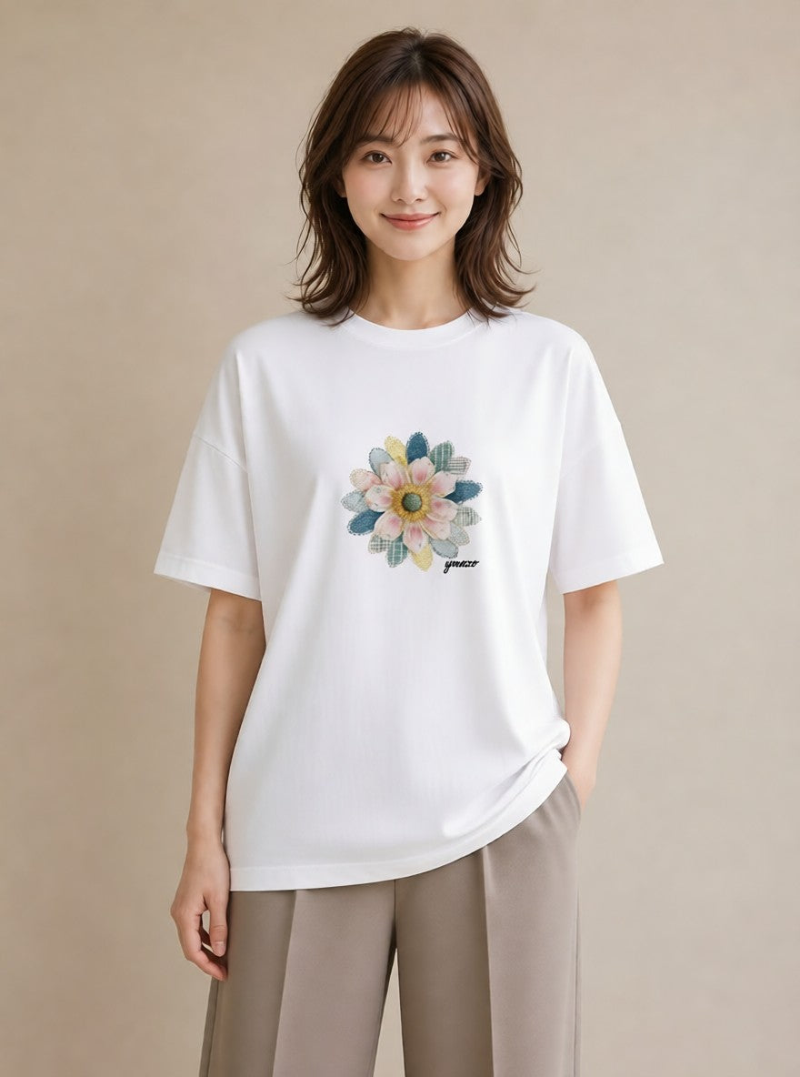 半袖Tシャツ レディース マーガレット 花 花柄 イラスト 韓国風 社会人 女性 白T YMAZO