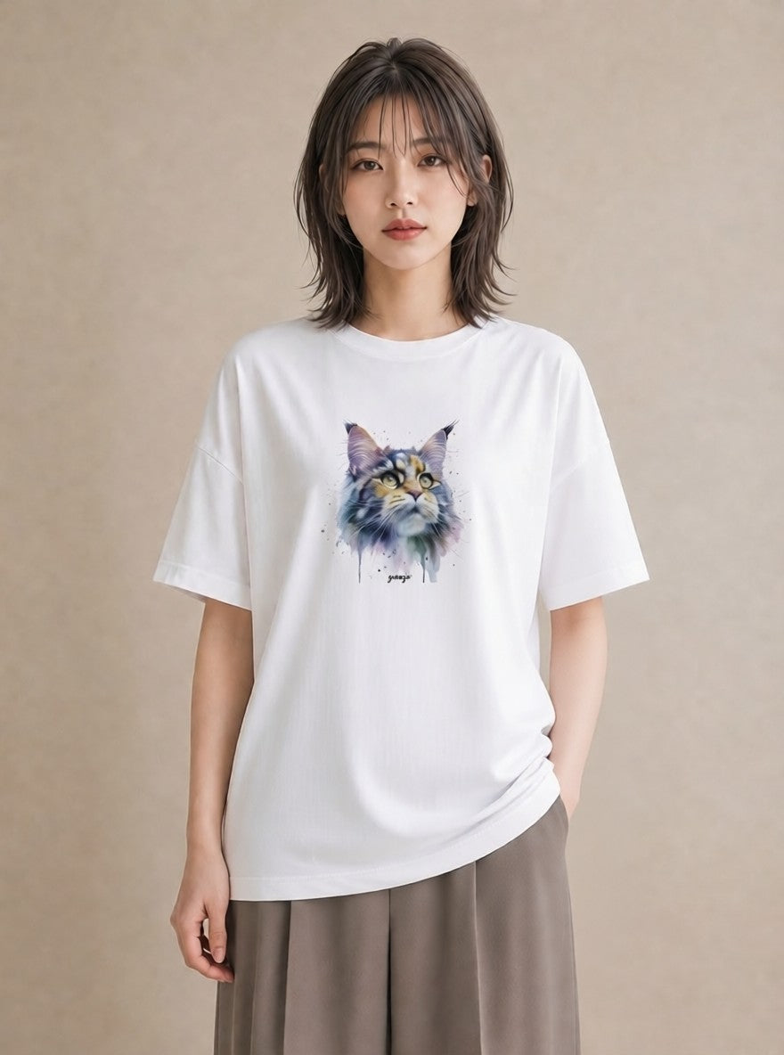 半袖Tシャツ レディース キジトラ 猫 ねこ イラスト 可愛い 通勤 在宅 白T YMAZO