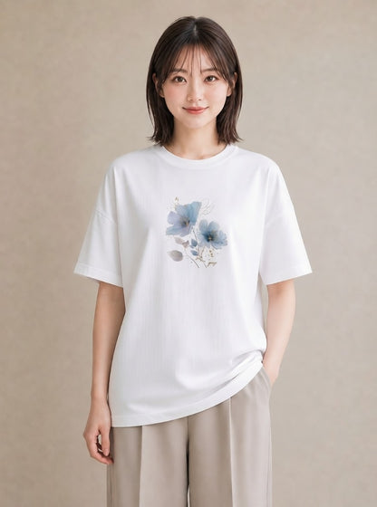 プリントTシャツ レディース あさがお 朝顔 花 花柄 イラスト 抜け感 通学 誕生日プレゼント 白T YMAZO