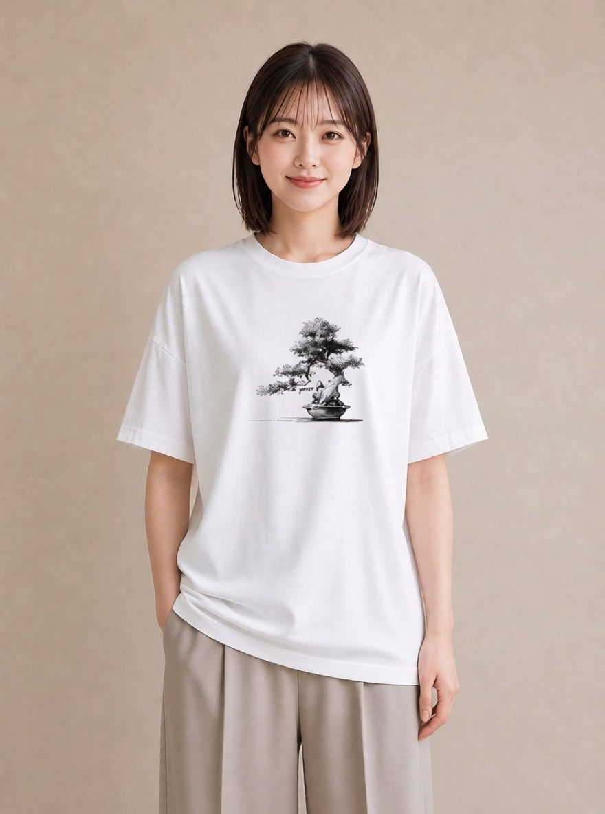 半袖Tシャツ レディース 盆栽 植物 ボタニカル イラスト ゆるかわ カジュアルコーデ 買い物 白T YMAZO